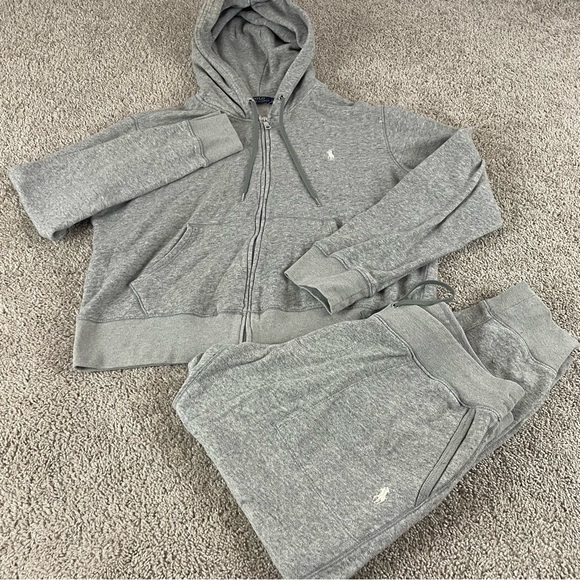 Polo Ralph Lauren Track Suit Womens L Hoodie Joggers Set Gray 2 Piece R2 - Picture 1 of 16